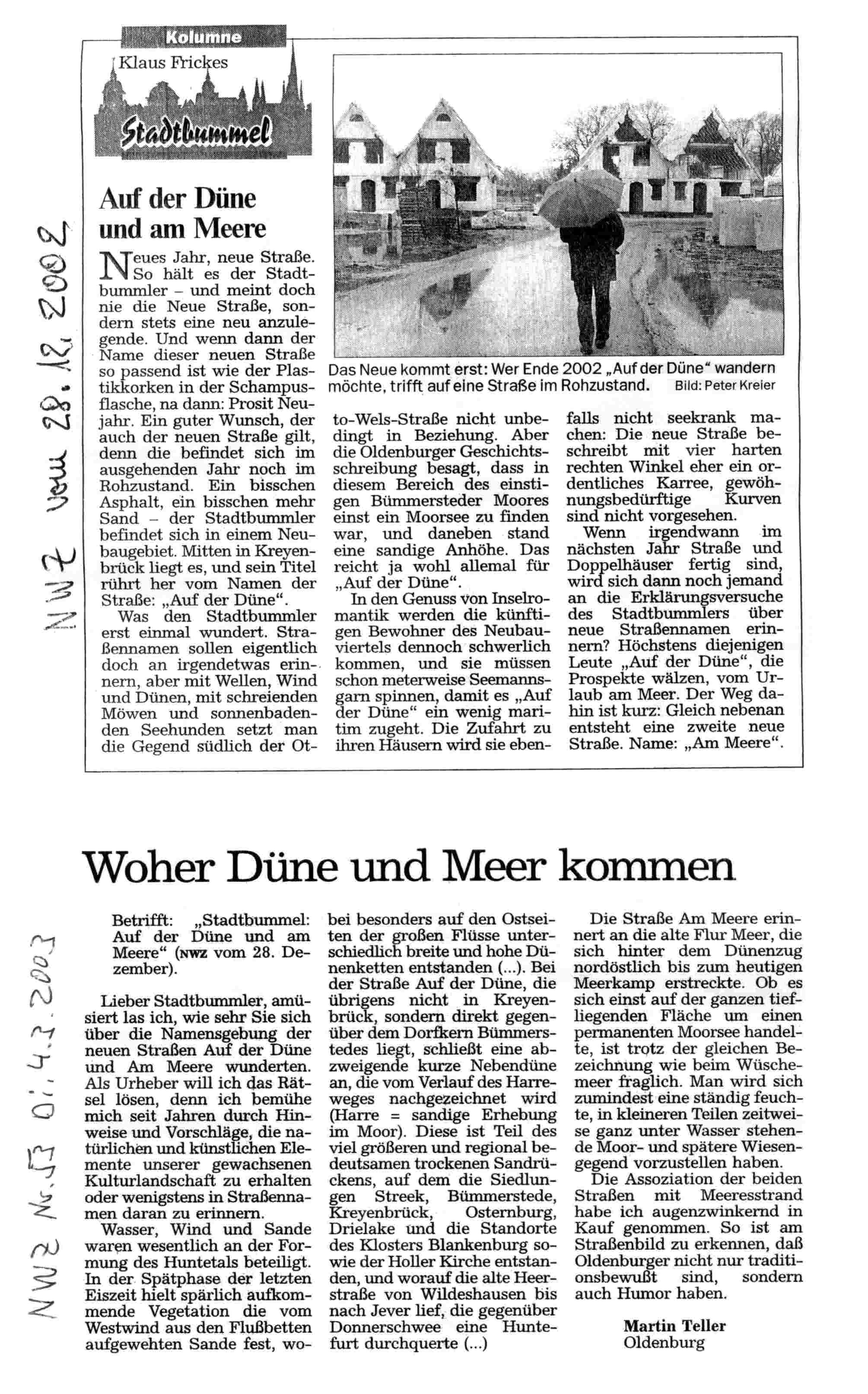Zwei Zeitungsartikel zu den Oldenburger Straßennamen Auf der Düne und Am Meere